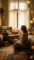 Young woman meditating in cozy bohemian bedroom with warm sunlight streaming through sheer curtains creating peaceful morning atmosphere for mindfulness practice.