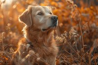 Portrait of golden retriever dog in autumn field at sunset, surrounded by orange grass and bokeh light effects, perfect for pet photography and seasonal themes.