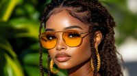 Young African American woman with braided hair wearing stylish orange sunglasses and gold earrings against tropical background for fashion and lifestyle content.