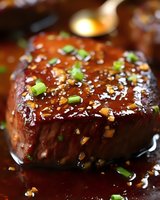 Juicy glazed beef steak with rich sauce, garnished with green onions and sesame seeds, served on dark plate for gourmet dining.