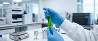 Scientist in blue gloves holding test tube with green liquid sample in modern laboratory for research and analysis experiments.
