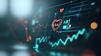 Digital healthcare monitoring display showing heart rate graph and vital signs in blue and coral colors against dark background for medical technology concept.