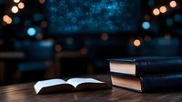 Open book with stacked hardcover volumes on wooden table against dark blue bokeh background, creating atmospheric evening study ambiance.
