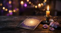Mystical tarot cards with burning candle and crystals on wooden table creating atmospheric fortune telling scene with bokeh lights background for spiritual guidance.