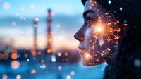 Mystical profile silhouette with glowing constellation pattern overlay against blurred city lights background, representing artificial intelligence and digital transformation.