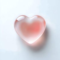 Translucent rose quartz heart crystal on soft white background with delicate shadow creates romantic minimal composition for valentines and love themes.