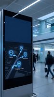 Modern digital wayfinding kiosk displaying interactive airport navigation map with glowing blue interface icons for gates, restrooms and baggage claim in terminal.