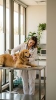 Female veterinarian examining golden retriever dog on table in modern clinic with stethoscope during routine checkup appointment.