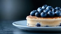 Fresh blueberries on top of creamy cheesecake served on white plate against dark background, selective focus on berries creates appetizing dessert composition.