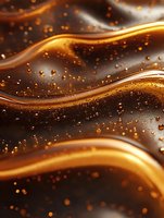 Luxurious waves of dark and golden liquid with sparkling particles create dynamic flowing pattern. Abstract background with rich brown and amber tones for luxury design.