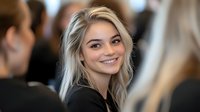 Young blonde businesswoman smiling confidently during corporate meeting or networking event with colleagues in modern office environment.