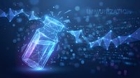 Digital immunization concept with glowing vaccine vial and network connections on blue medical technology background for healthcare innovation.