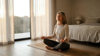 Young Caucasian woman practicing meditation in lotus pose on yoga mat in bright bedroom with natural sunlight streaming through windows.