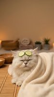 Fluffy white cat relaxing at spa with cucumber slices on eyes, wrapped in towel on bamboo mat for wellness and self-care concept.
