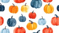 Colorful pumpkins in orange, red, and blue watercolor style on white background create festive autumn pattern for seasonal decor and harvest designs.