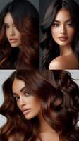 Young mixed race woman with long wavy brunette hair and natural makeup in beauty portraits showing different angles and hairstyles for salon and cosmetic advertising.