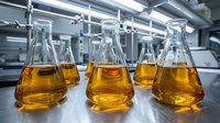 Laboratory flasks containing golden amber liquid in industrial research facility setting, suitable for chemistry, science, and pharmaceutical industry applications.