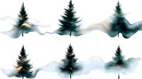Minimalist watercolor pine trees silhouettes on white background with flowing abstract teal and gold waves pattern. Seamless winter forest design for fabric and wallpaper.
