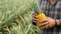 Farmer holding fresh ripe pineapple in field, agricultural harvest and tropical fruit production for farming, agriculture, and food industry concepts.