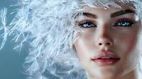Ethereal portrait with bright blue eyes and delicate dandelion seeds floating around, creating magical atmosphere against cool blue background.