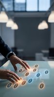 Businessman hands touching futuristic holographic interface with glowing digital buttons in modern office environment for technology presentations.
