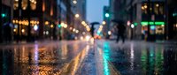 Blurred city street at night with wet pavement reflecting colorful lights and bokeh from traffic and buildings creating atmospheric urban scene.