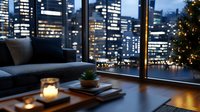 Cozy evening apartment interior with panoramic city view, lit candles on wooden coffee table, modern sofa and Christmas tree lights creating warm ambiance.