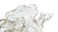 Crumpled translucent plastic bag with iridescent holographic streaks and wrinkles on white background, suitable for waste, recycling, and environmental awareness projects.