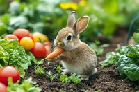 Adorable brown bunny eating carrot in vegetable garden surrounded by fresh tomatoes and leafy greens, sitting on dark soil amid growing produce.