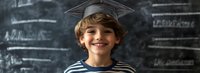Young student wearing graduation cap smiles brightly against chalkboard background, wearing striped shirt, representing education success and academic achievement.
