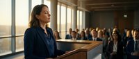 Professional Caucasian businesswoman presenting at corporate podium to diverse audience in modern conference room with natural lighting.