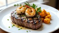 Grilled steak topped with succulent shrimp, roasted sweet potato cubes, and fresh herbs on white plate for fine dining restaurant menus.