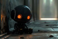 Cute black robot with glowing orange eyes sits alone in moody atmospheric setting. Dark tones and dramatic lighting create emotional sci-fi scene. For gaming art and AI concepts.
