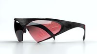 Modern sport sunglasses with red-tinted asymmetric lenses and black matte frame design on white background, isolated product photography for eyewear advertising.