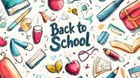 Colorful hand drawn educational supplies and text on white background forming seamless pattern with books, pencils, apples and autumn leaves for back to school season.