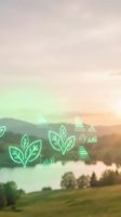 Sustainable business growth concept with neon green leaf icons and financial analytics charts overlaid on serene natural landscape with water and mountains at sunset, representing eco-friendly investment and environmental responsibility.