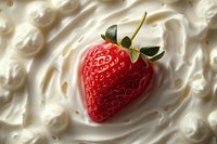 Fresh ripe strawberry with green stem falling into creamy yogurt with splashes, creating a smooth swirling texture for food advertising.