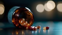 Prescription medication pills spilling from amber bottle on dark surface with blurred lights background for healthcare and pharmaceutical concepts.