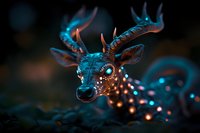 Mystical glowing deer spirit with luminescent spots and blue ethereal aura against dark background, fantasy creature with antlers and magical forest atmosphere.