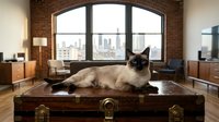 Siamese cat relaxing on vintage leather suitcase in modern loft apartment with brick wall and city skyline view through large arched windows.