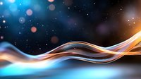 Glowing wavy lines with orange and blue light effects on dark cosmic background with bokeh and stars, abstract modern design for technology presentations.