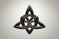 Celtic trinity knot symbol in metallic black and silver finish with interwoven loops forming traditional triquetra pattern on neutral gradient background.
