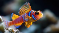 Vibrant red and blue striped goby fish swimming near coral reef, displaying fanned yellow fins and distinctive markings against dark background.