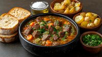 Hearty beef stew with root vegetables simmered in rich gravy, served with crusty bread and roasted potatoes for comfort food dining.