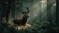Majestic red deer stag with large antlers resting in misty forest at dawn, sunbeams filtering through trees creating atmospheric woodland scene.