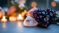 Romantic heart-shaped decoration with sparkling sequins next to rose quartz crystal, surrounded by warm candlelight and festive bokeh lights for love celebration.