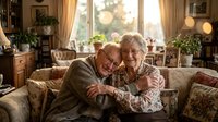 Happy senior couple embracing on cozy living room sofa with warm sunlight streaming through window, showing love and companionship in comfortable home setting.