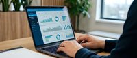 Business professional analyzing financial data dashboard on laptop computer in modern office workspace for corporate strategy and performance monitoring.