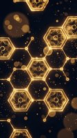 Glowing golden hexagonal molecular structures with connected nodes and particles floating against dark background, suitable for science and technology concepts.