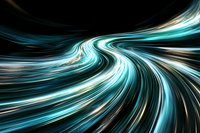 Dynamic swirling light trails in turquoise and white create abstract flowing motion effect against black background, suggesting speed and energy movement.